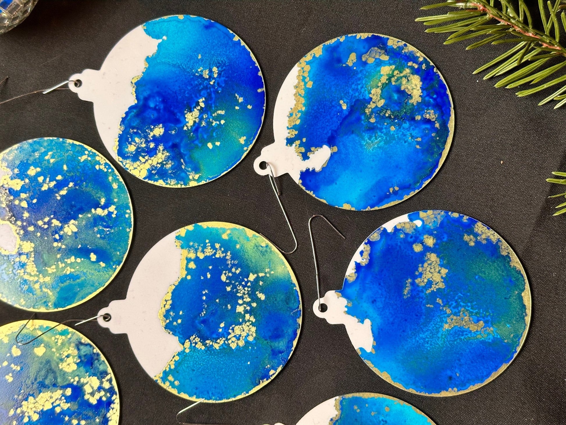 Caribbean Blue and Gold Inks Hand-Painted Ornaments - Set of 8 - Driftless Enchantments