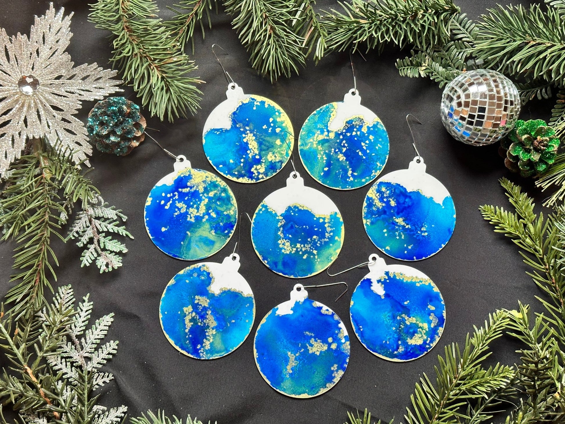 Caribbean Blue and Gold Inks Hand-Painted Ornaments - Set of 8 - Driftless Enchantments