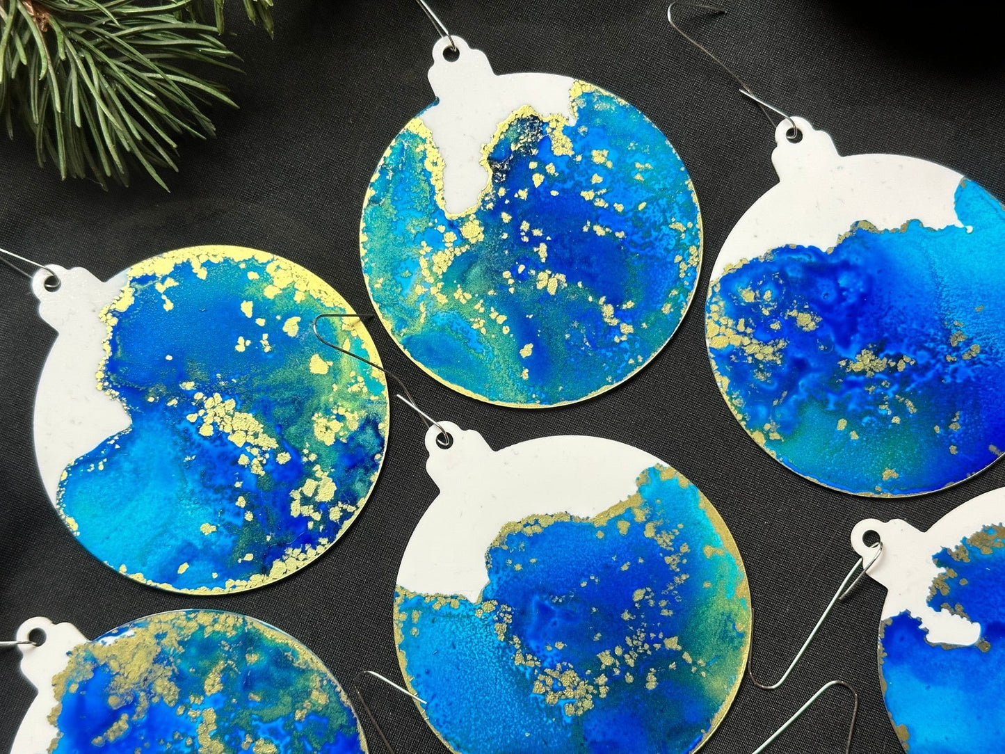 Caribbean Blue and Gold Inks Hand-Painted Ornaments - Set of 8 - Driftless Enchantments