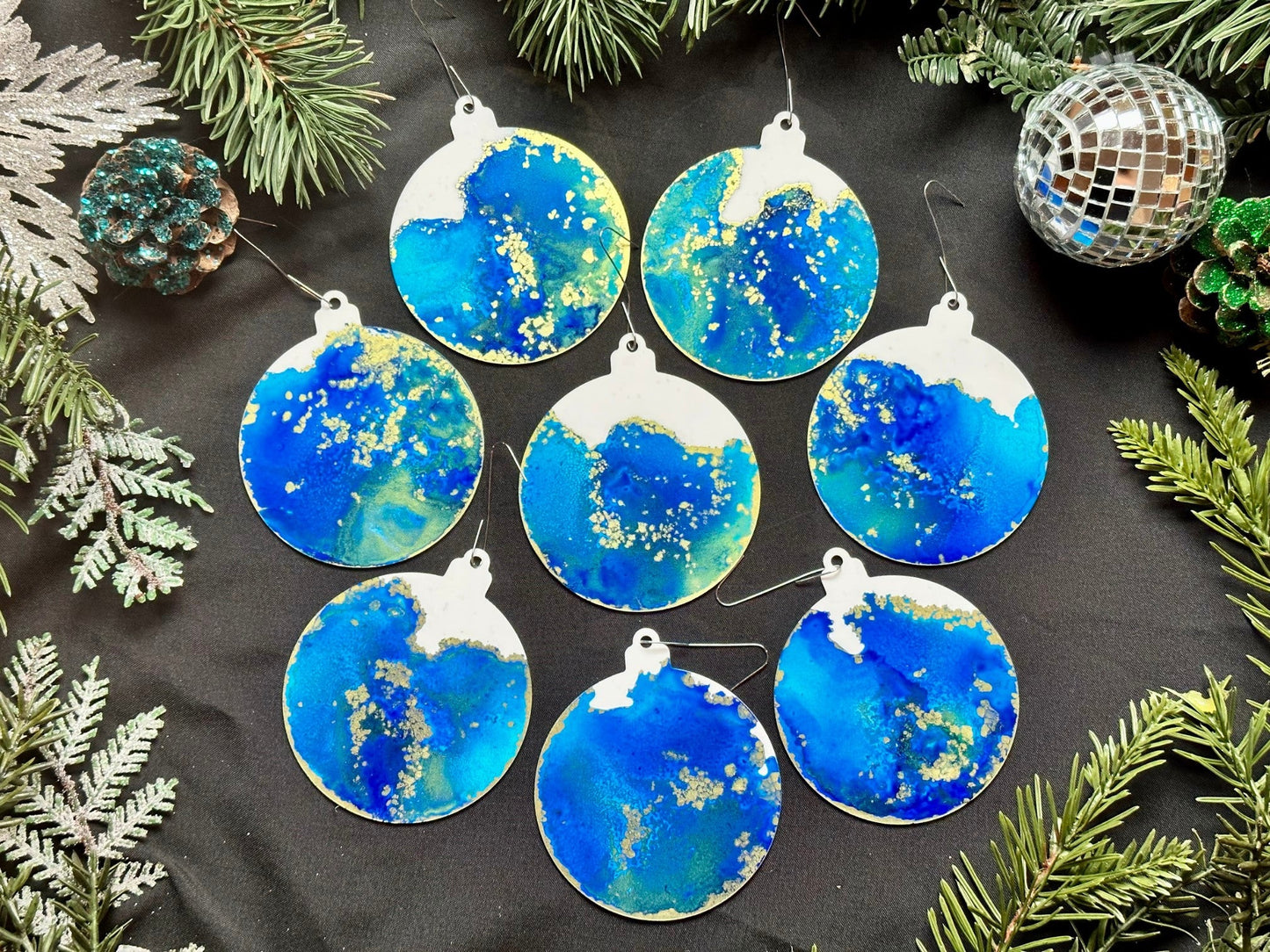 Caribbean Blue and Gold Inks Hand-Painted Ornaments - Set of 8 - Driftless Enchantments