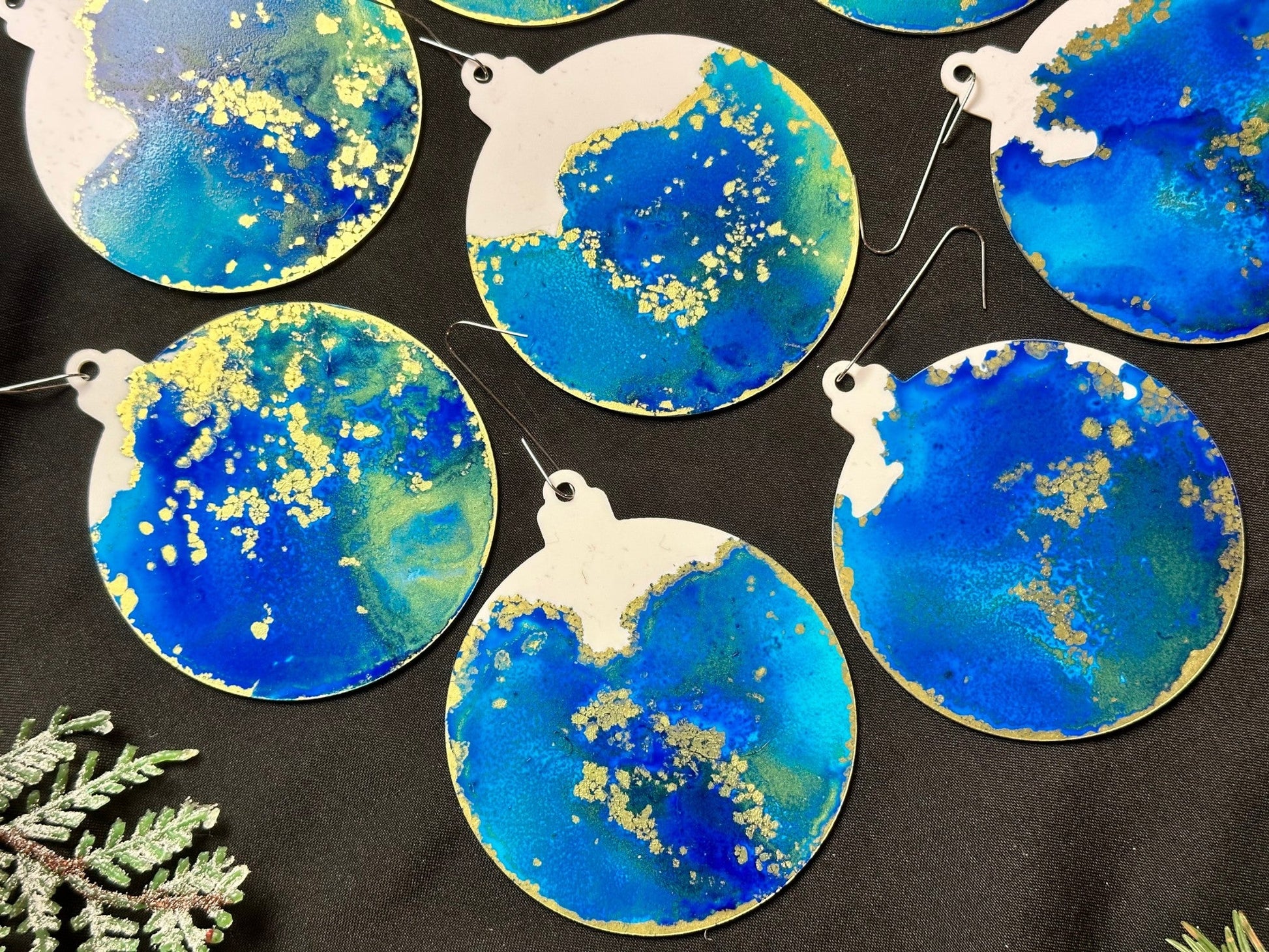 Caribbean Blue and Gold Inks Hand-Painted Ornaments - Set of 8 - Driftless Enchantments