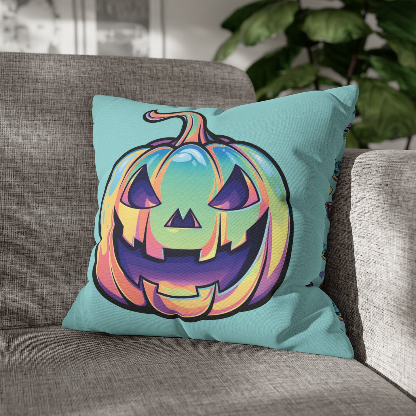 Cat-o’-Lantern Reversible Square Pillow Case - Aqua - Driftless Enchantments