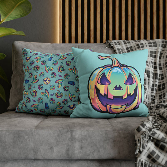 Cat-o’-Lantern Reversible Square Pillow Case - Aqua - Driftless Enchantments