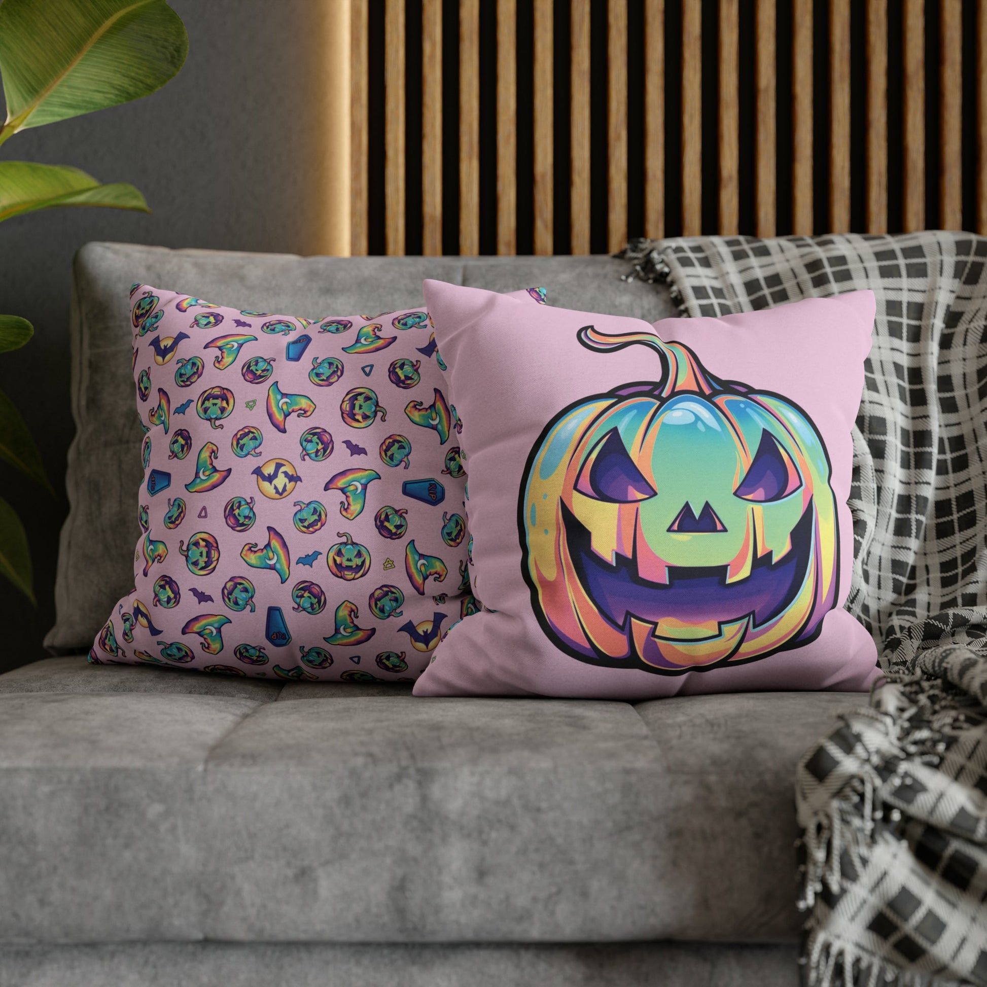 Cat-o’-Lantern Reversible Square Pillow Case - Pink - Driftless Enchantments