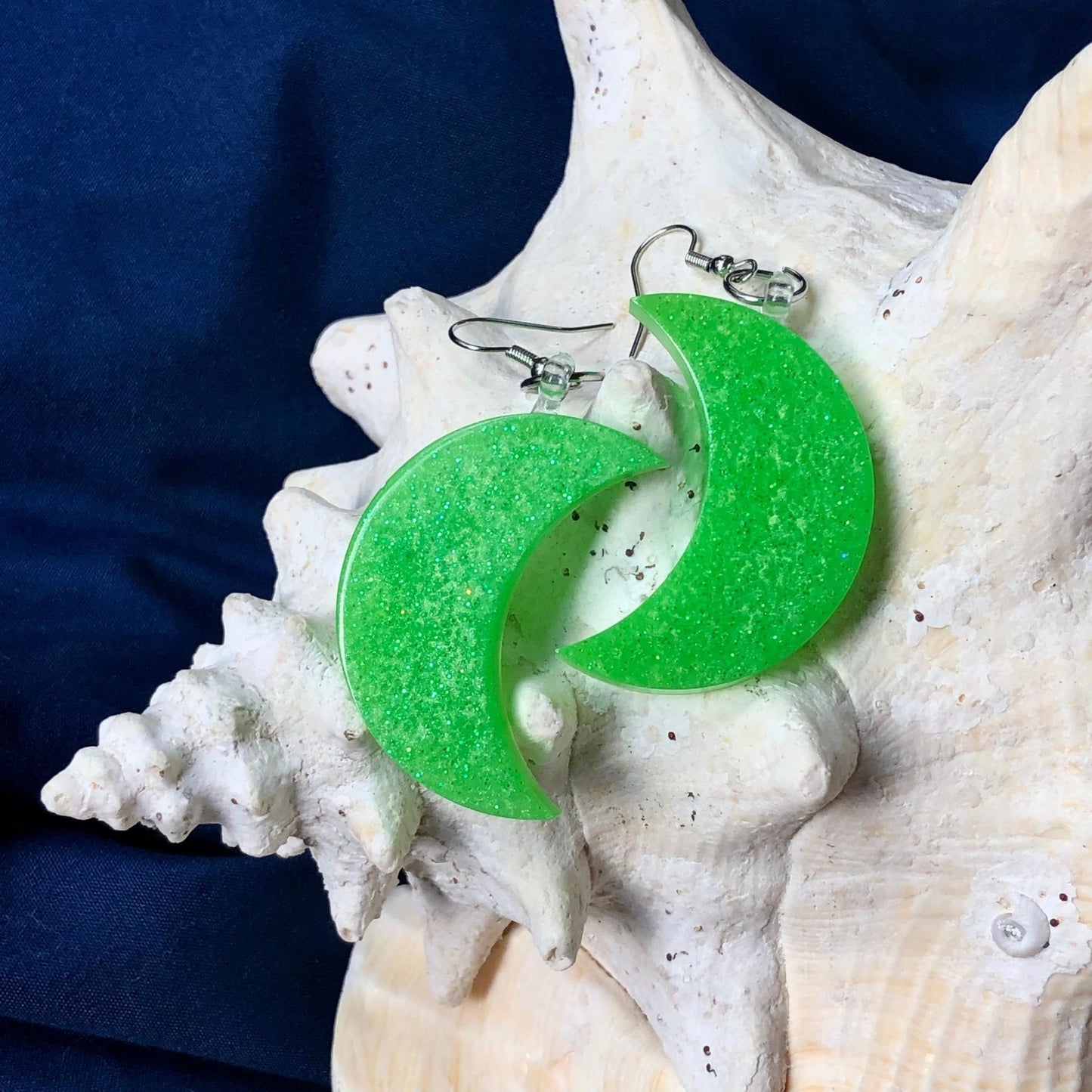 Crescent Moon Resin Earrings - Day Glow Green - Driftless Enchantments
