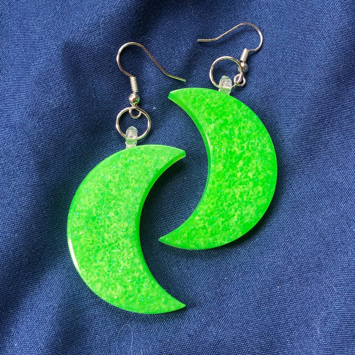 Crescent Moon Resin Earrings - Day Glow Green - Driftless Enchantments