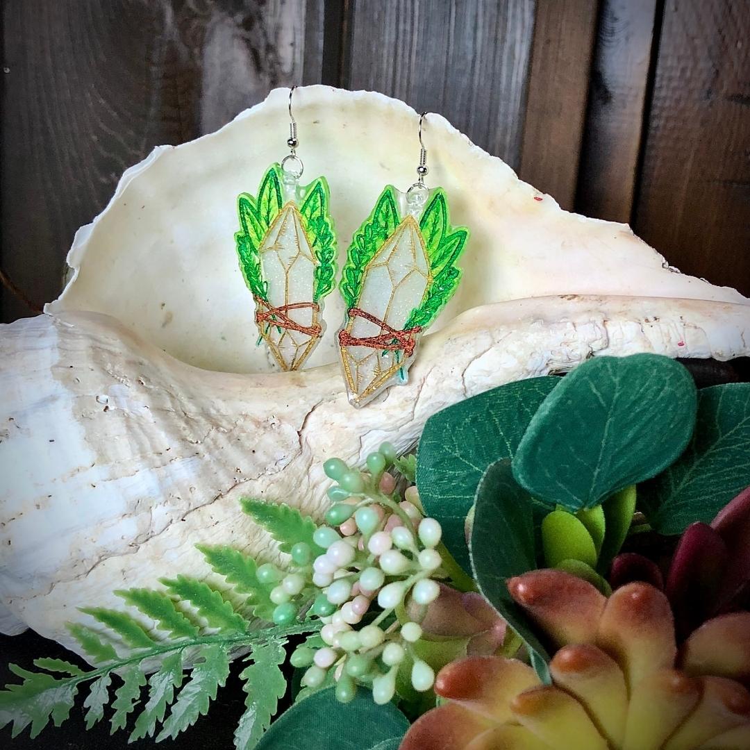 Crystal and Sage - Hand-Painted Resin Earrings - Driftless Enchantments