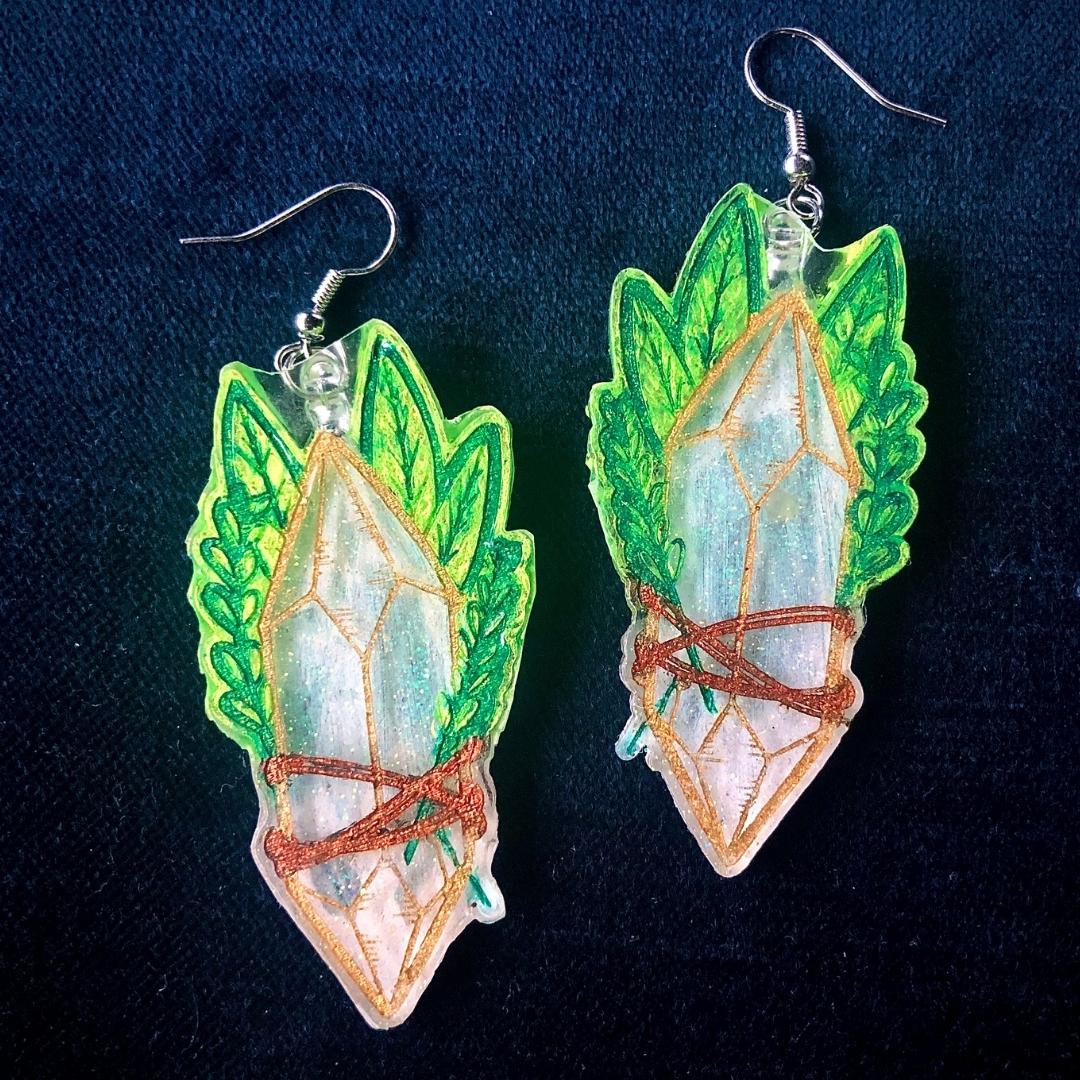 Crystal and Sage - Hand-Painted Resin Earrings - Driftless Enchantments