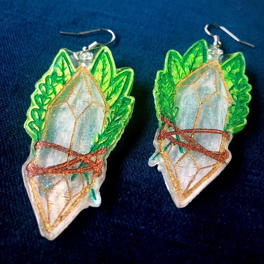 Crystal and Sage - Hand-Painted Resin Earrings - Driftless Enchantments