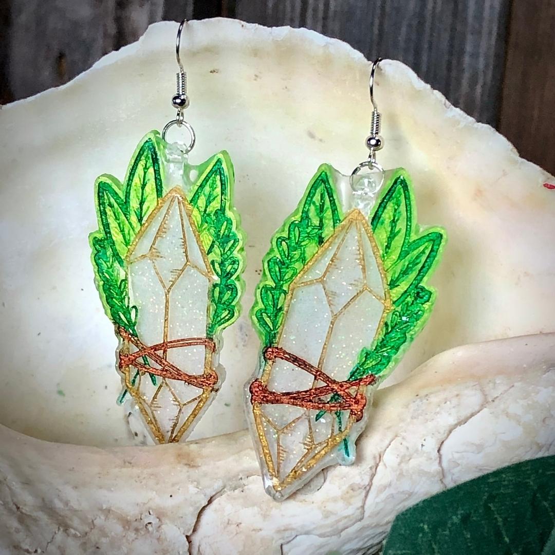 Crystal and Sage - Hand-Painted Resin Earrings - Driftless Enchantments