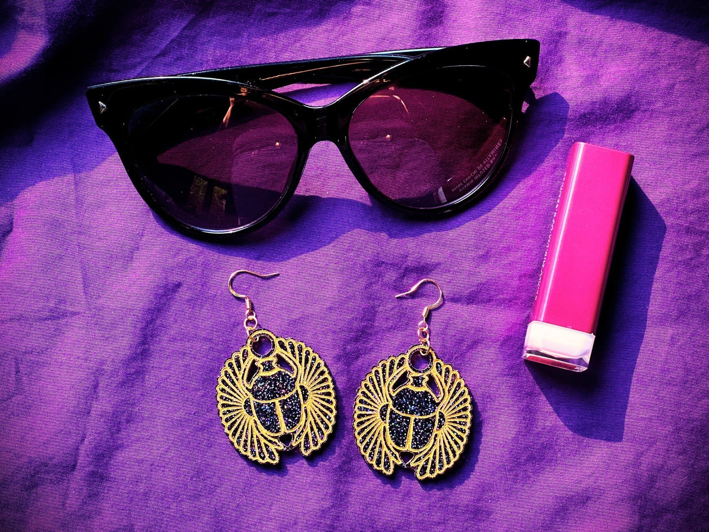 Egyptian Inspired Scarab Earrings - Black Rainbow Glitter - Driftless Enchantments