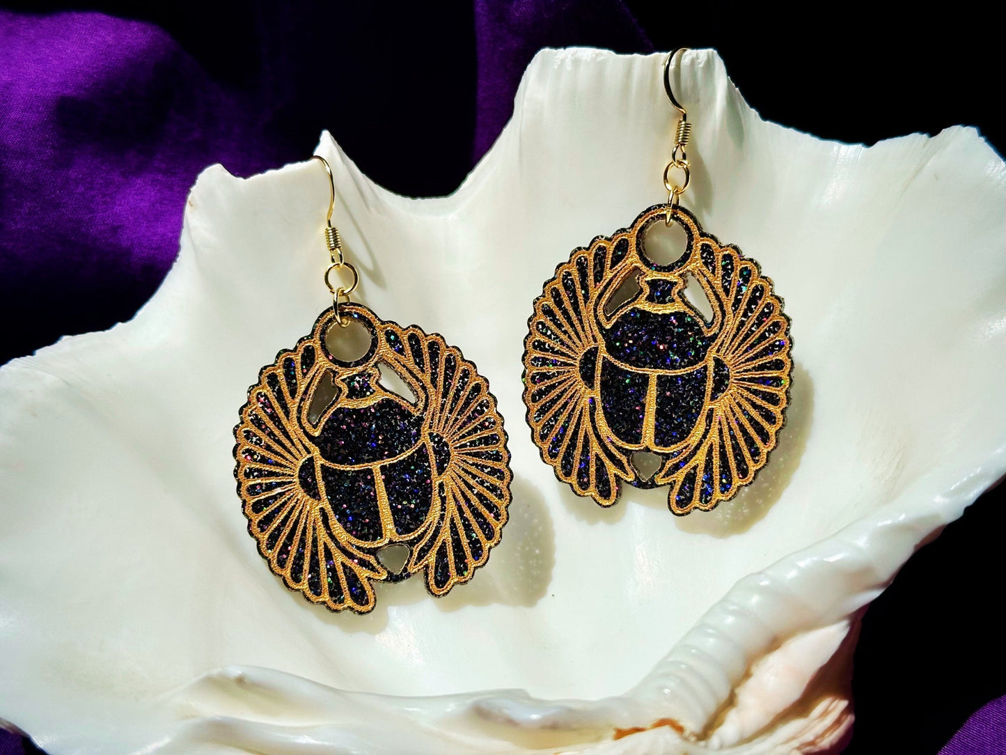 Egyptian Inspired Scarab Earrings - Black Rainbow Glitter - Driftless Enchantments
