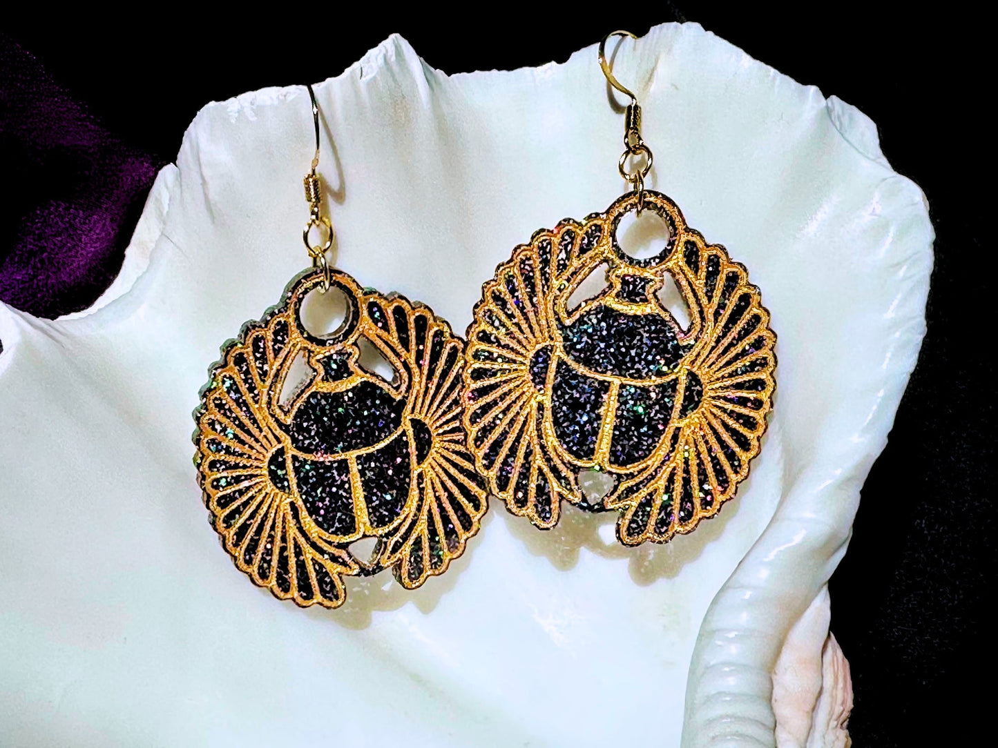 Egyptian Inspired Scarab Earrings - Black Rainbow Glitter - Driftless Enchantments