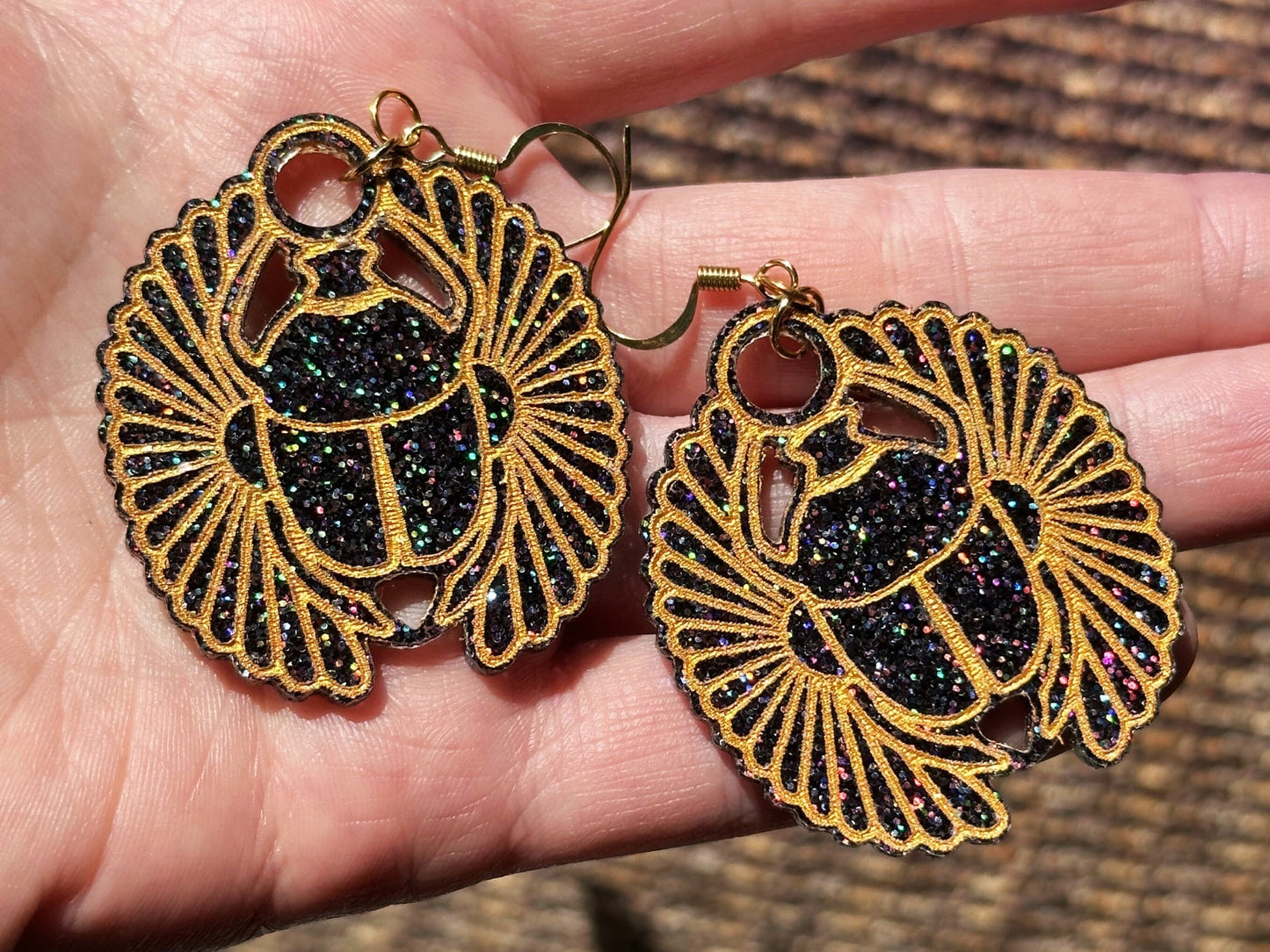 Egyptian Inspired Scarab Earrings - Black Rainbow Glitter - Driftless Enchantments