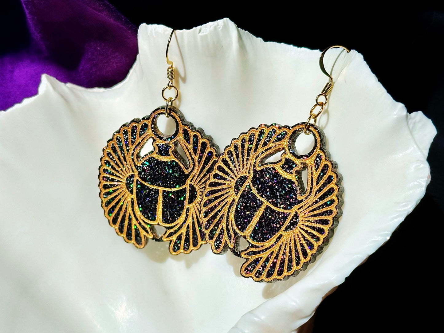 Egyptian Inspired Scarab Earrings - Black Rainbow Glitter - Driftless Enchantments