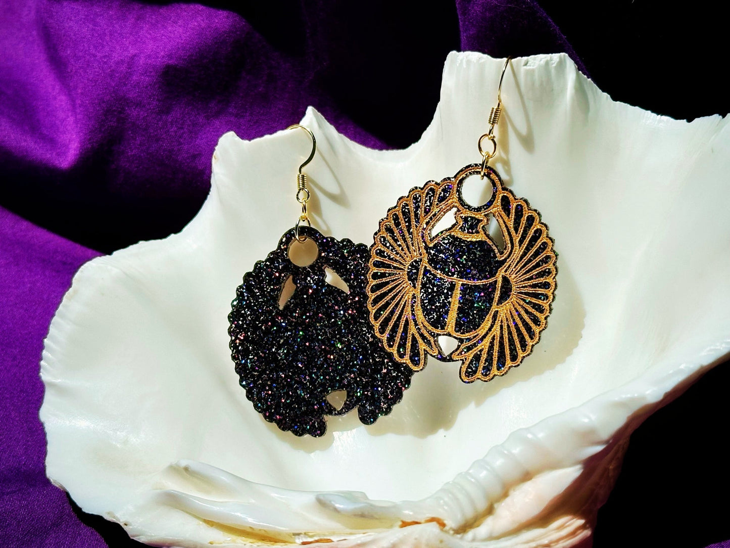 Egyptian Inspired Scarab Earrings - Black Rainbow Glitter - Driftless Enchantments