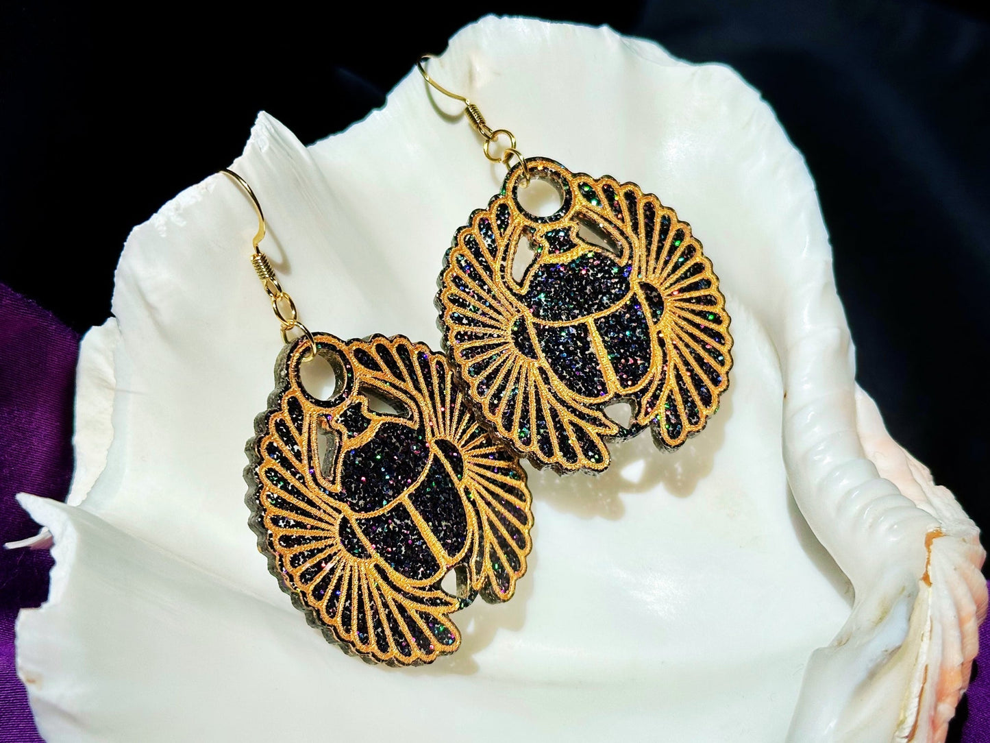 Egyptian Inspired Scarab Earrings - Black Rainbow Glitter - Driftless Enchantments