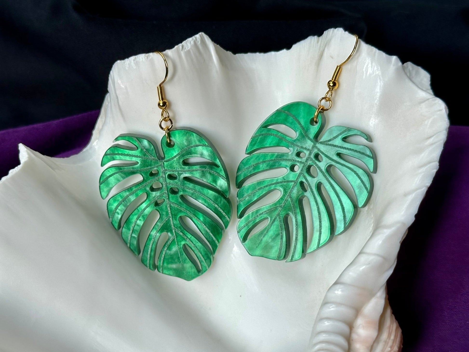 Emerald Green Monstera Leaf Earrings - Driftless Enchantments