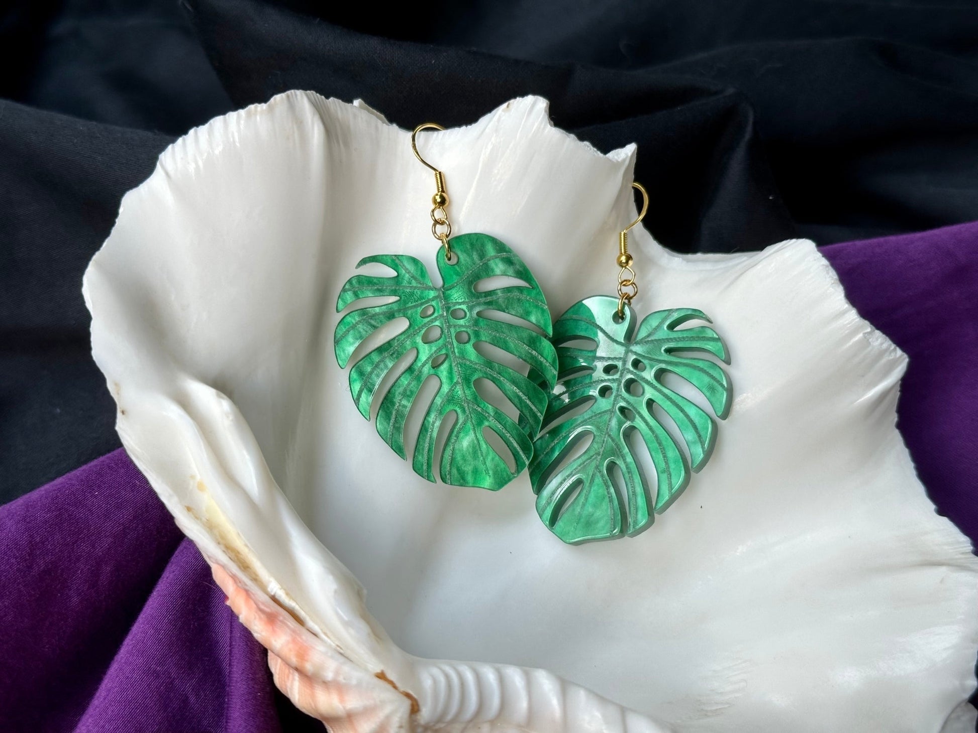 Emerald Green Monstera Leaf Earrings - Driftless Enchantments