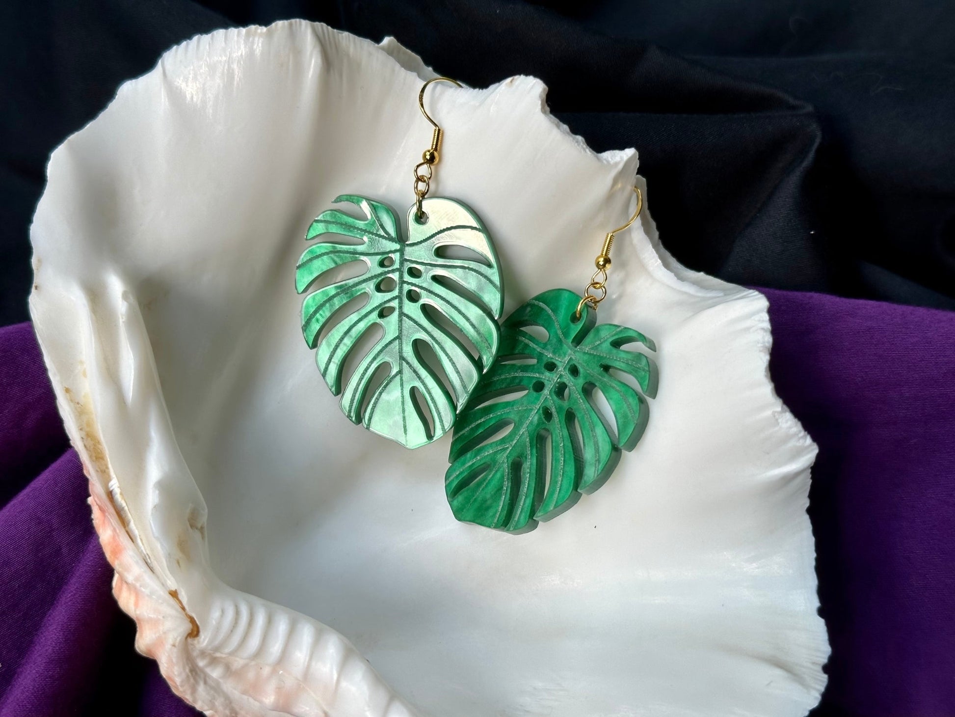 Emerald Green Monstera Leaf Earrings - Driftless Enchantments