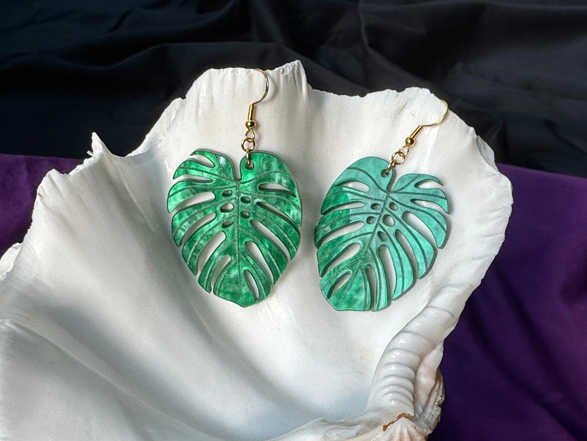 Emerald Green Monstera Leaf Earrings - Driftless Enchantments