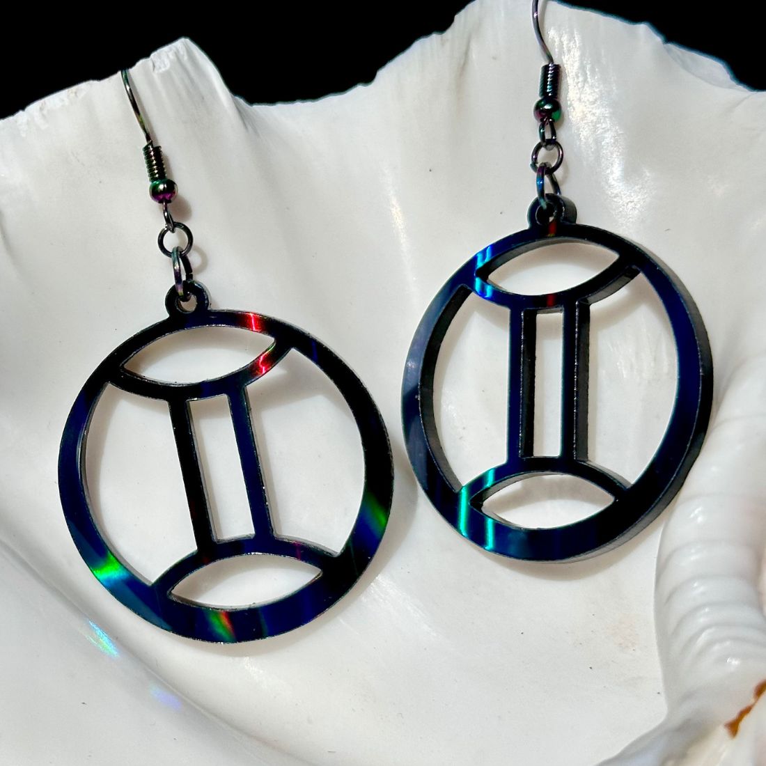Gemini Zodiac Sign Earrings - Black Rainbow Holographic - Driftless Enchantments