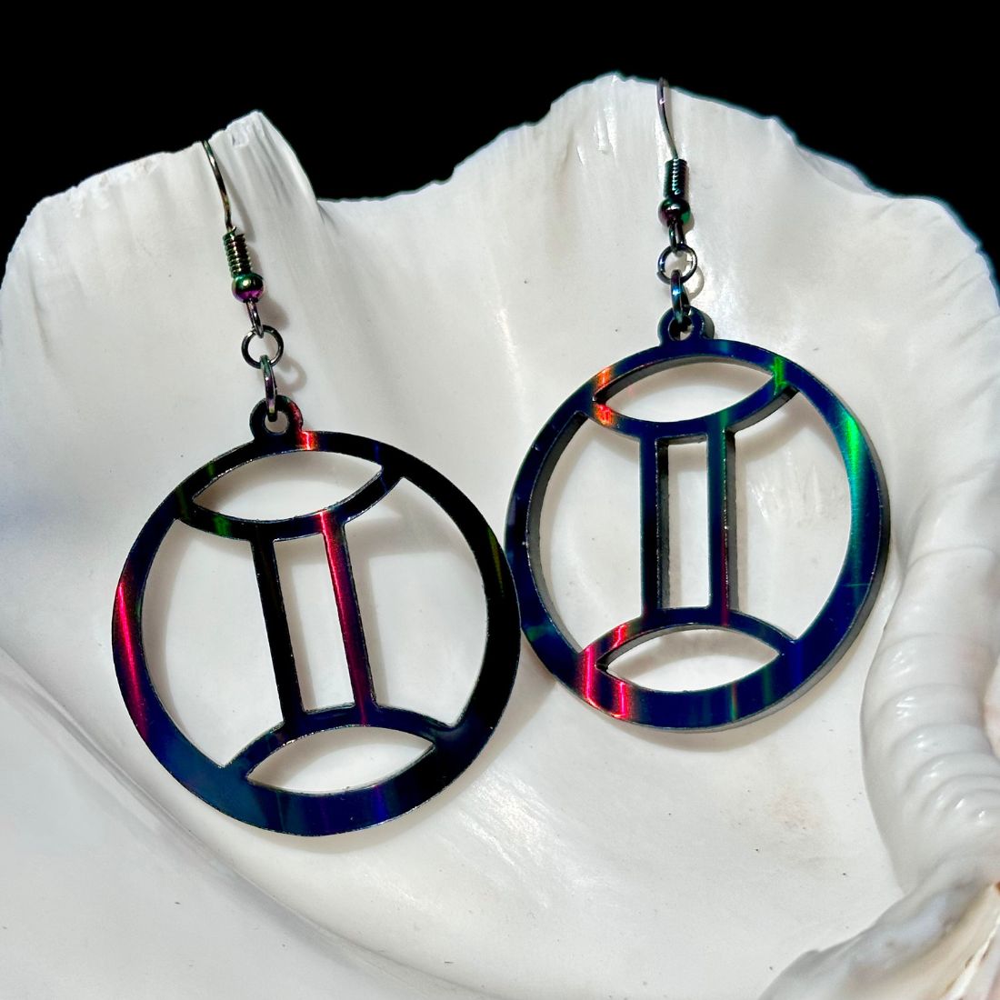 Gemini Zodiac Sign Earrings - Black Rainbow Holographic - Driftless Enchantments