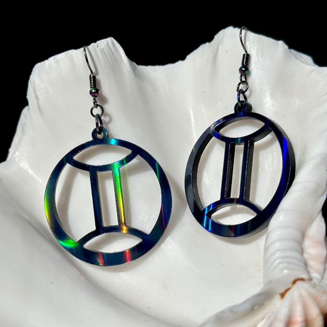 Gemini Zodiac Sign Earrings - Black Rainbow Holographic - Driftless Enchantments
