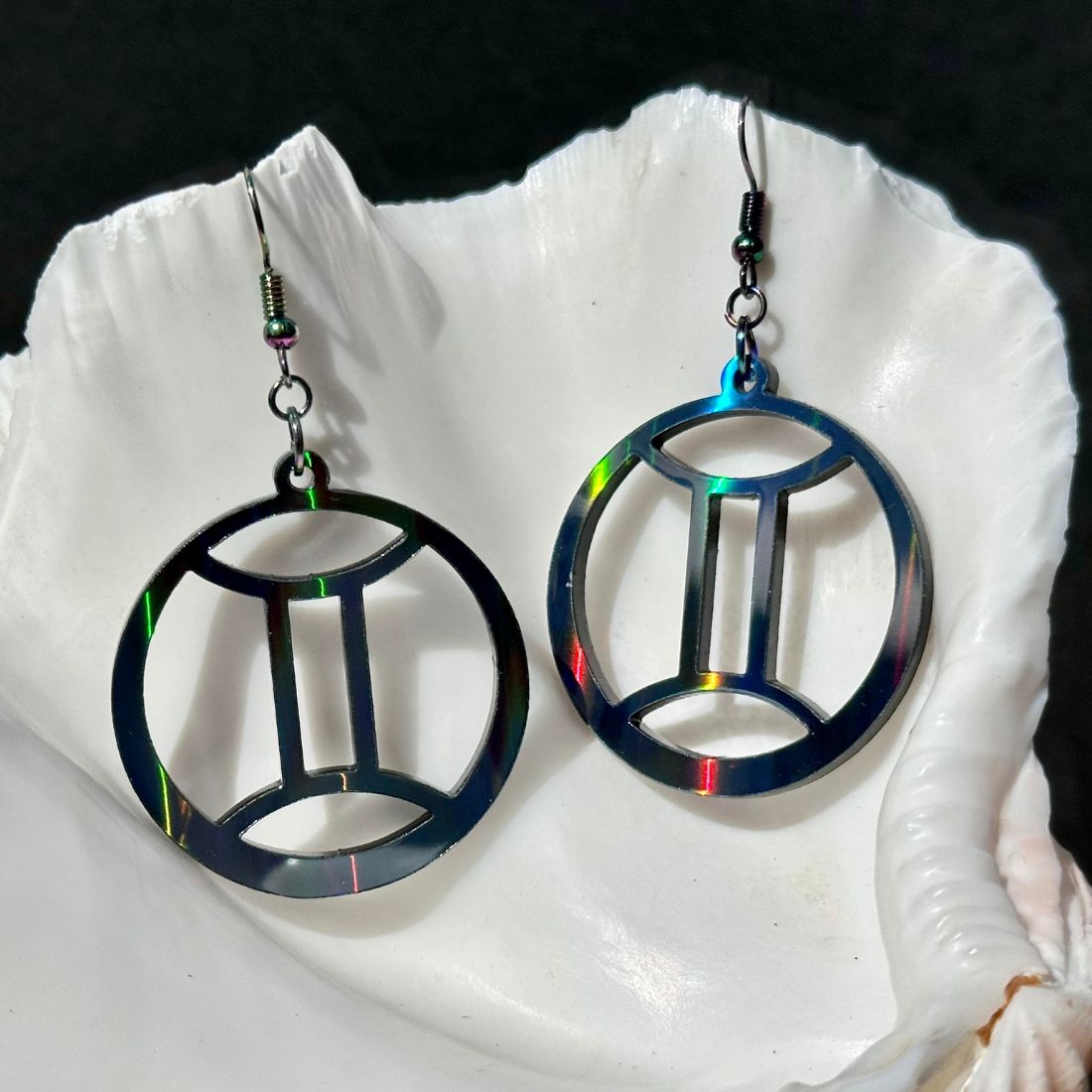 Gemini Zodiac Sign Earrings - Black Rainbow Holographic - Driftless Enchantments