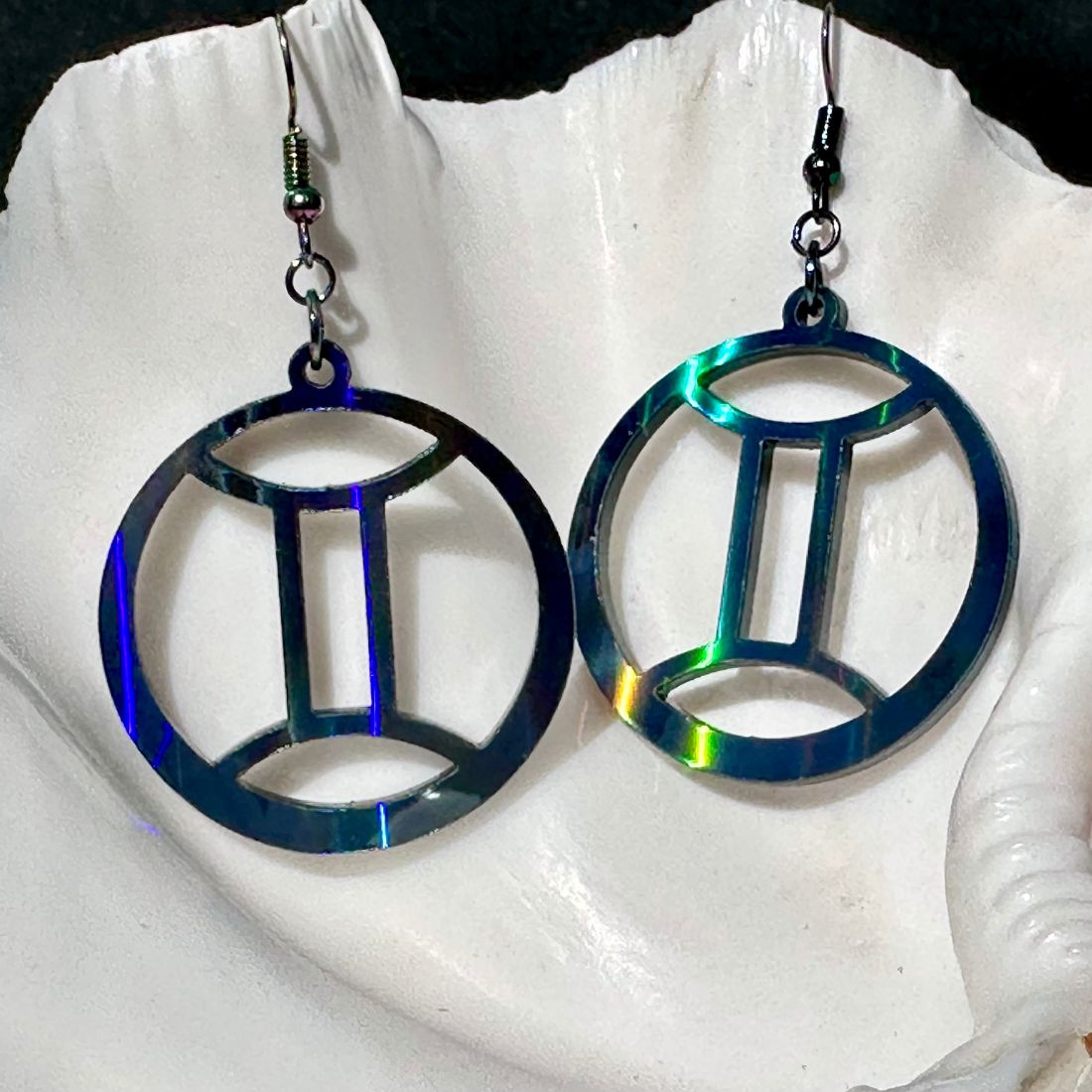 Gemini Zodiac Sign Earrings - Black Rainbow Holographic - Driftless Enchantments