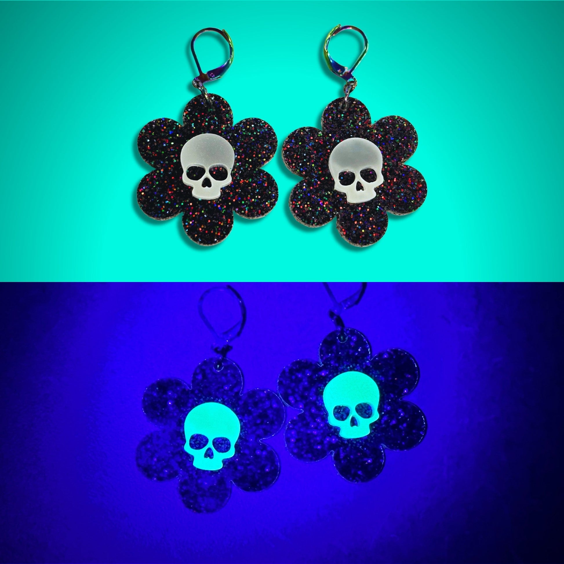 Glowing Dead Daisy Earrings - Black Glitter - Driftless Enchantments