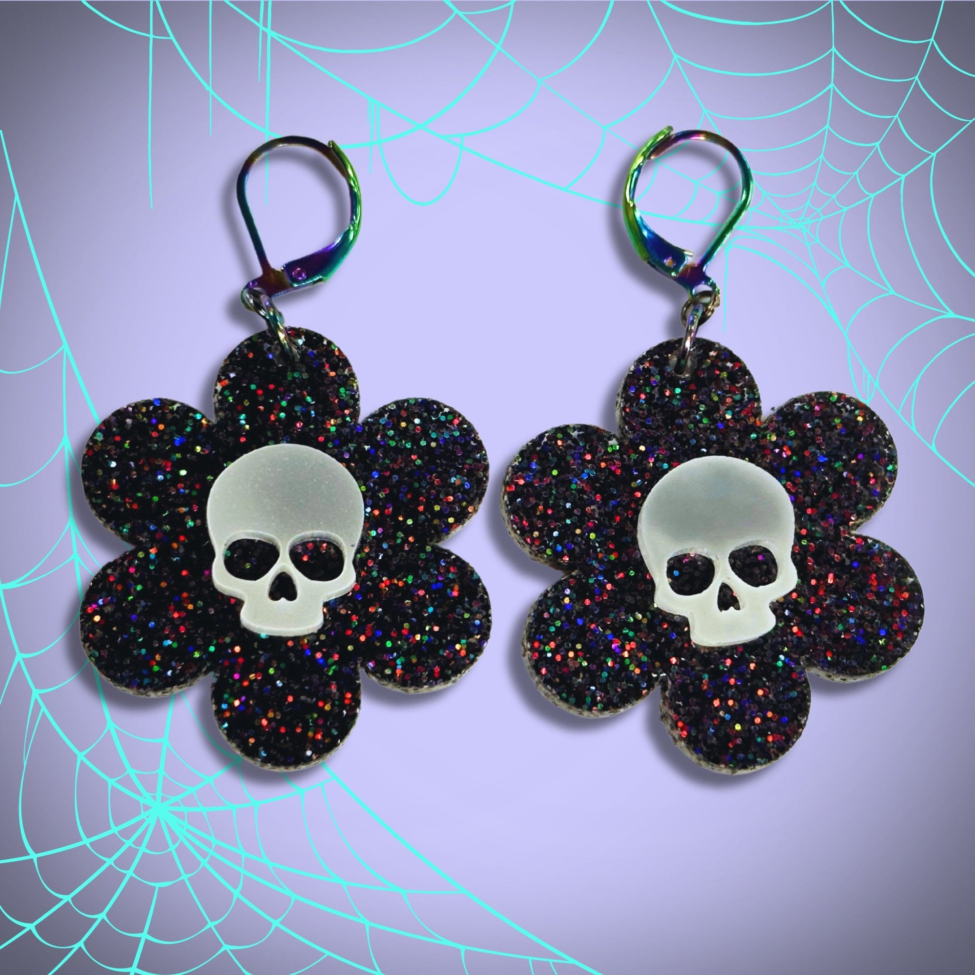 Glowing Dead Daisy Earrings - Black Glitter - Driftless Enchantments