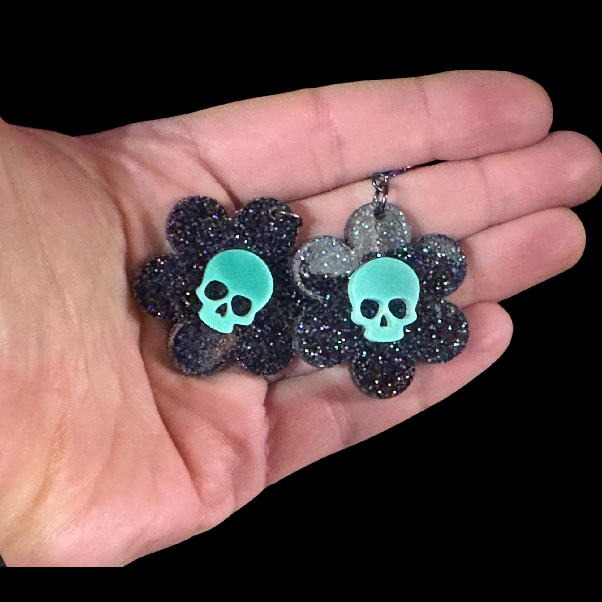 Glowing Dead Daisy Earrings - Black Glitter - Driftless Enchantments