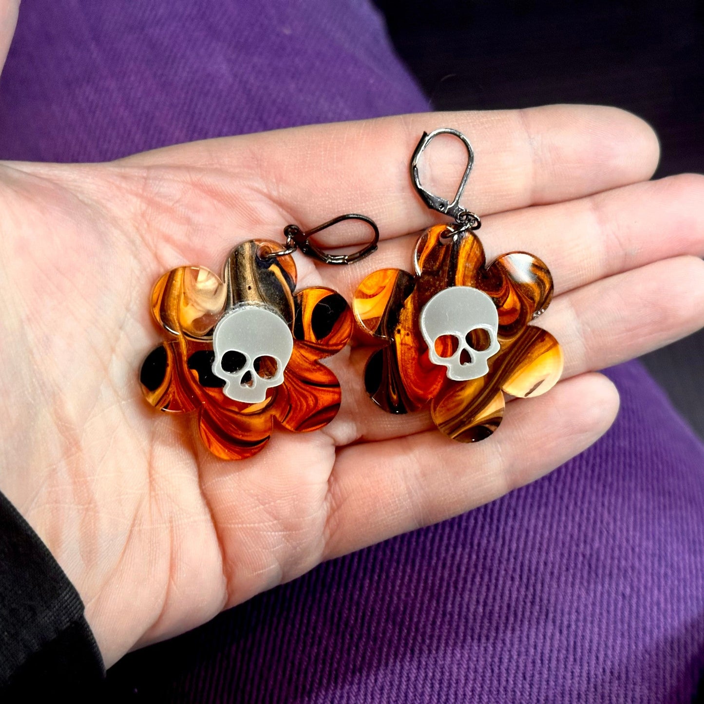 Glowing Dead Daisy Earrings - Halloween Swirl - Driftless Enchantments