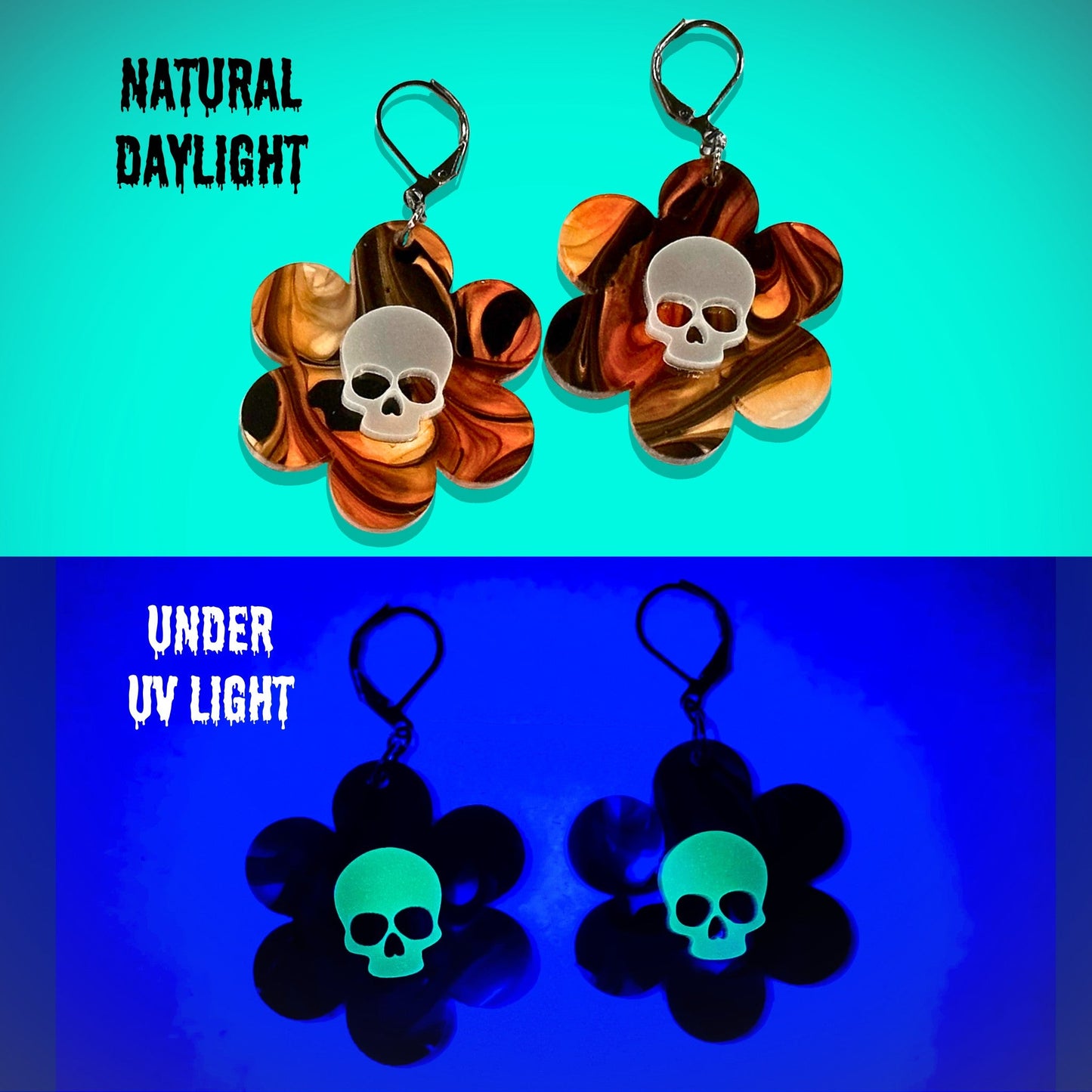 Glowing Dead Daisy Earrings - Halloween Swirl - Driftless Enchantments