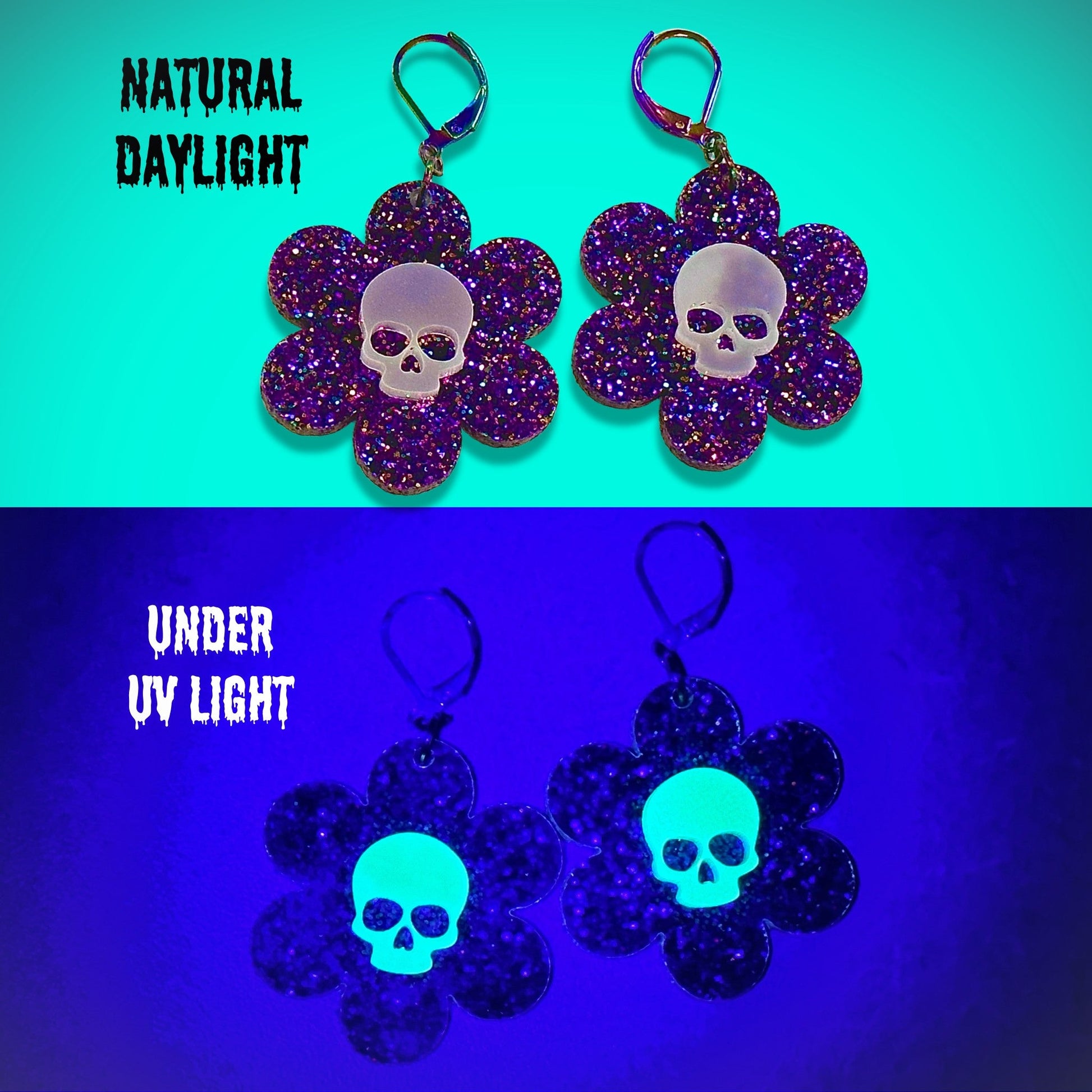 Glowing Dead Daisy Earrings - Purple Glitter - Driftless Enchantments