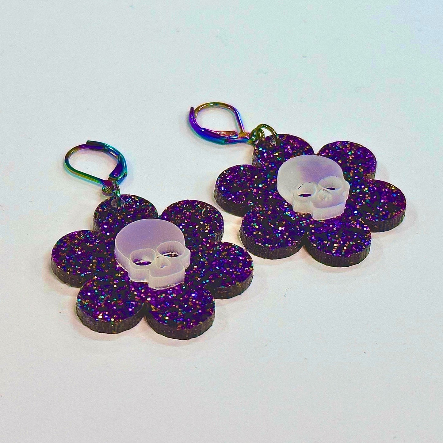 Glowing Dead Daisy Earrings - Purple Glitter - Driftless Enchantments