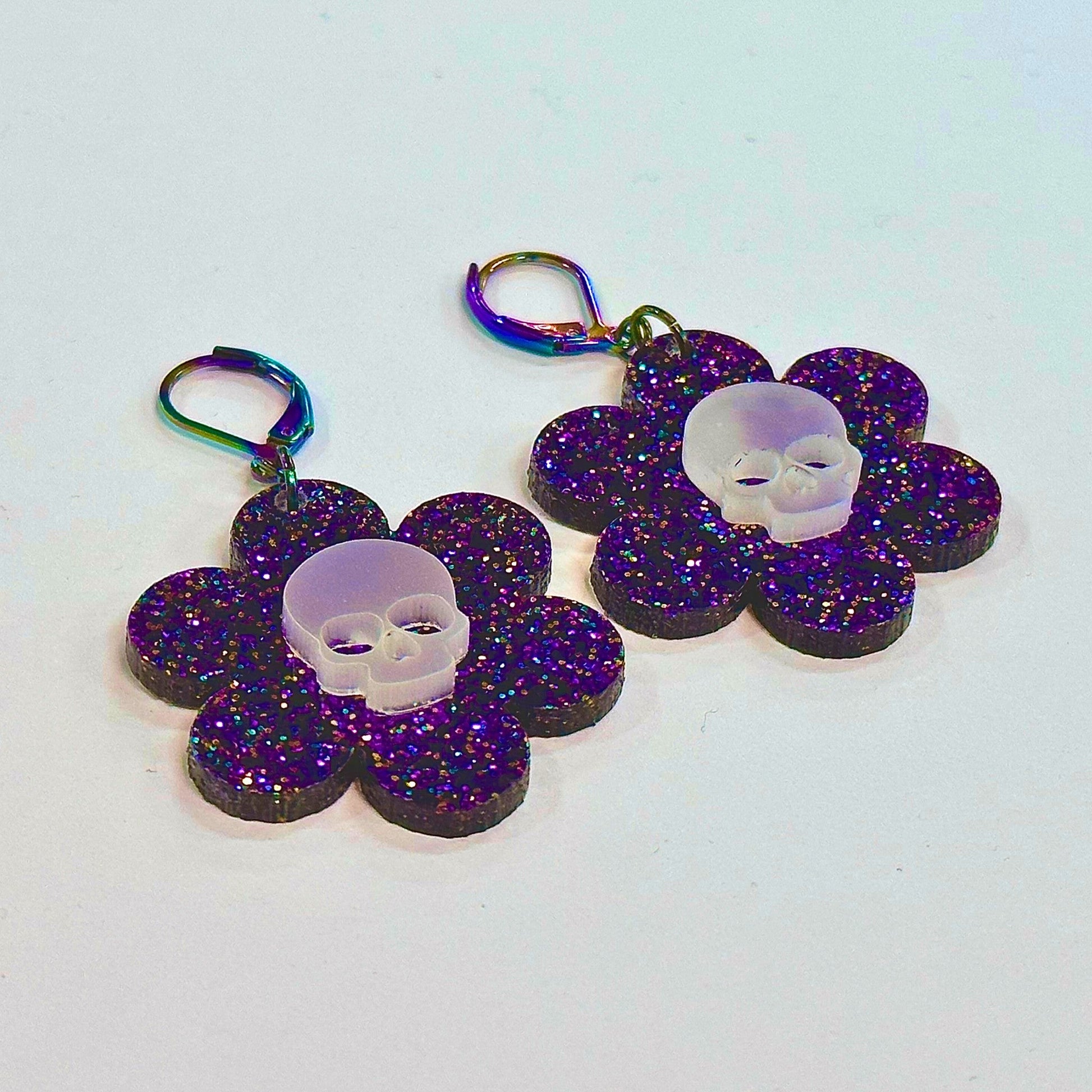 Glowing Dead Daisy Earrings - Purple Glitter - Driftless Enchantments