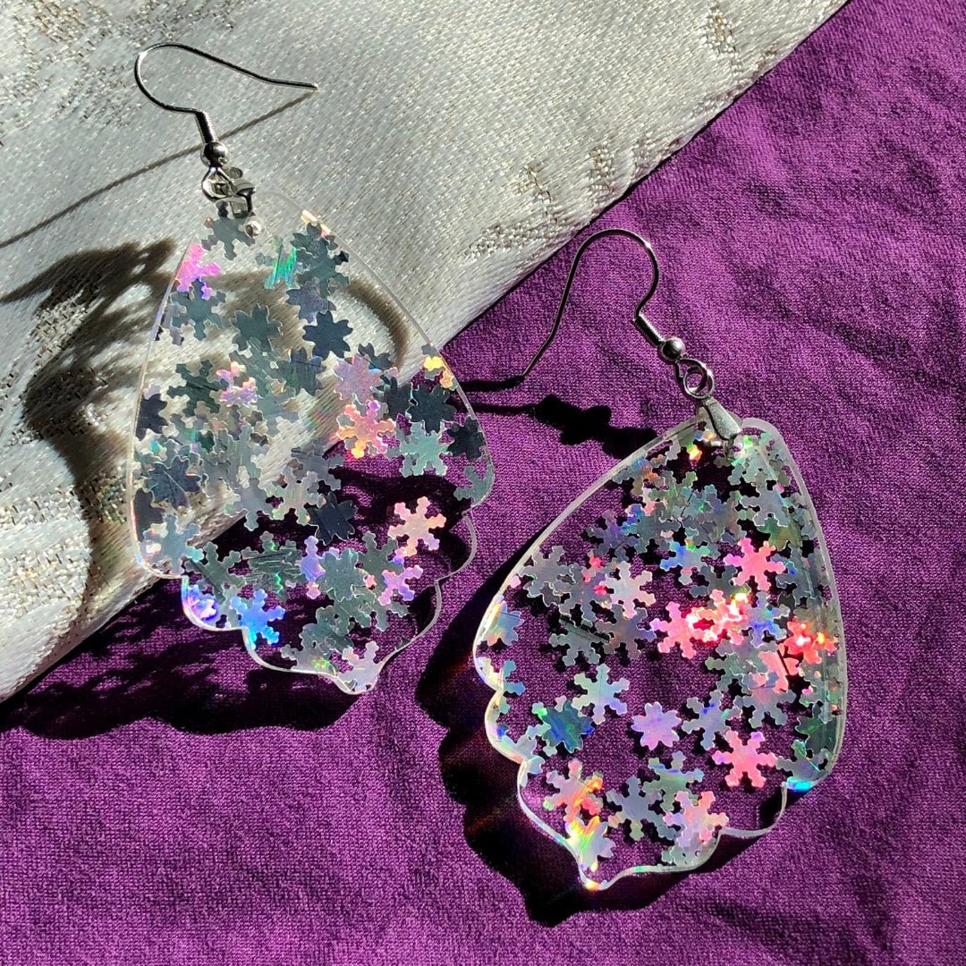 Holographic Snowflake Deco Fan Dangle Earrings - Driftless Enchantments