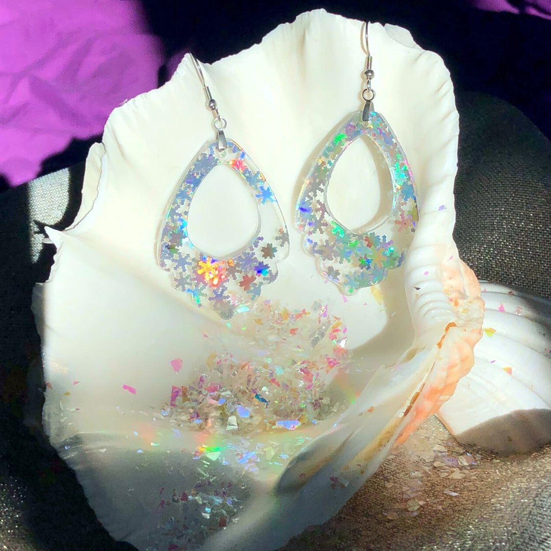 Holographic Snowflake Lacey Teardrop Earrings - Driftless Enchantments