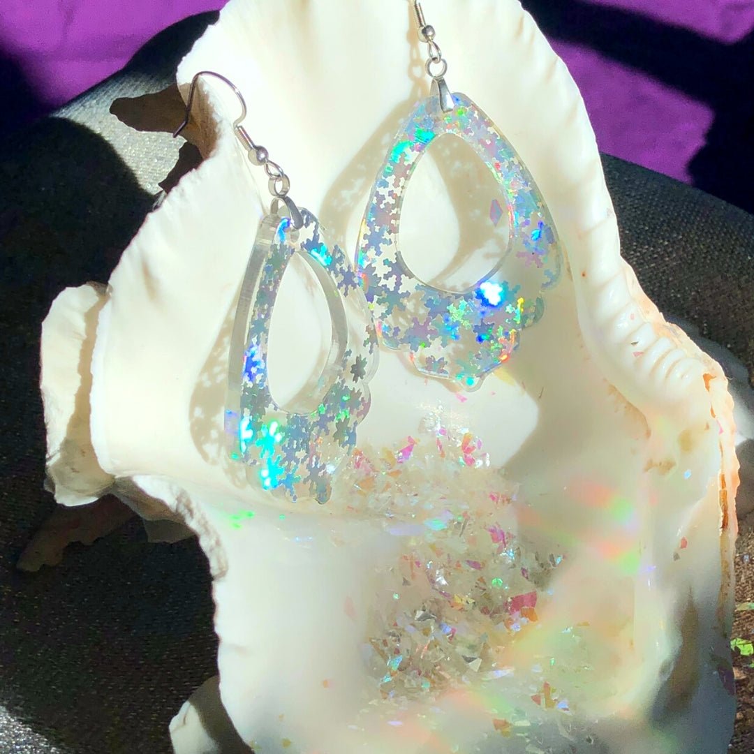 Holographic Snowflake Lacey Teardrop Earrings - Driftless Enchantments