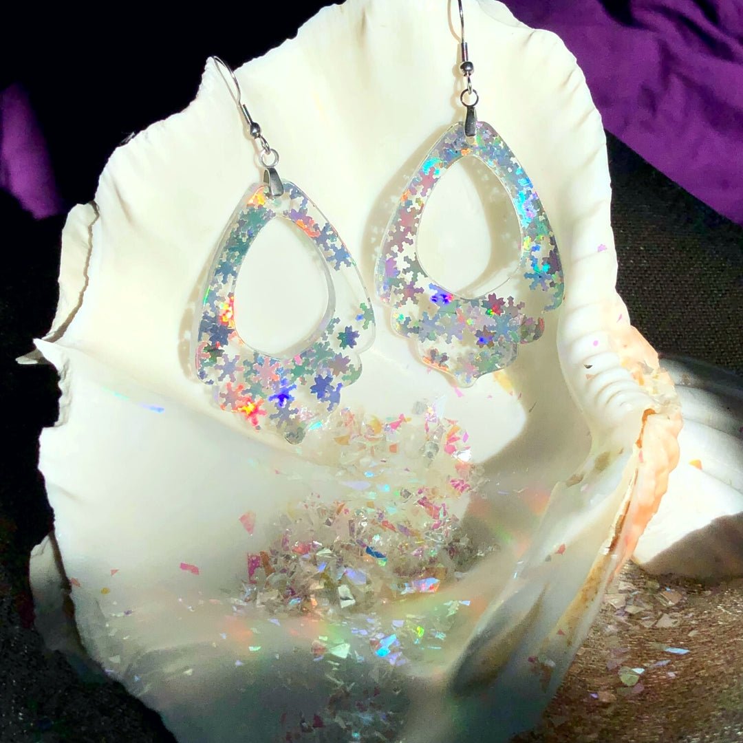 Holographic Snowflake Lacey Teardrop Earrings - Driftless Enchantments