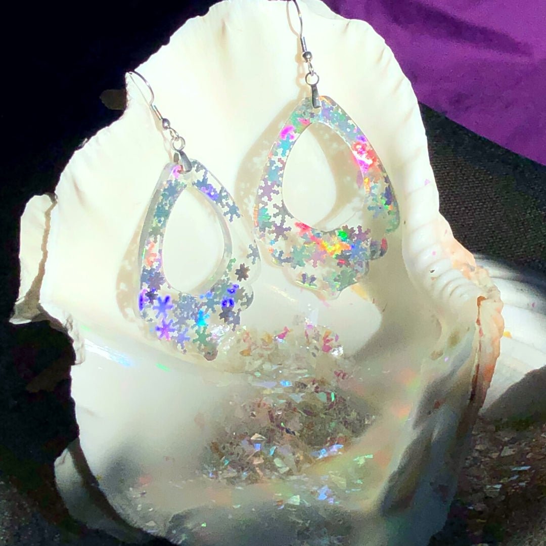 Holographic Snowflake Lacey Teardrop Earrings - Driftless Enchantments