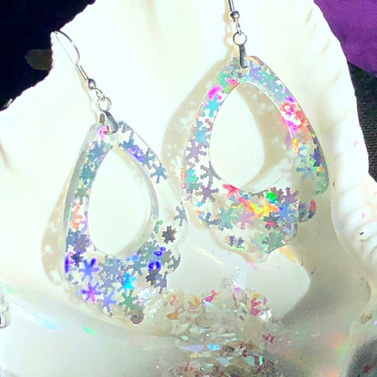 Holographic Snowflake Lacey Teardrop Earrings - Driftless Enchantments
