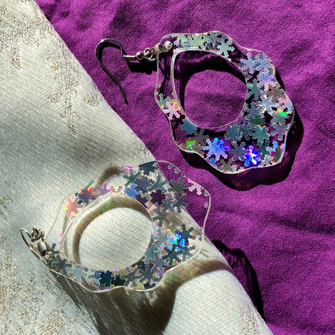 Holographic Snowflake Scalloped Dangle Earrings - Driftless Enchantments