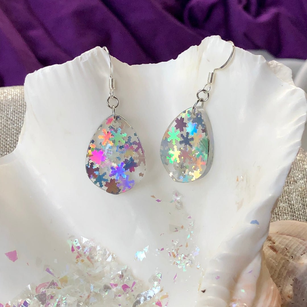 Holographic Snowflake Tiny Teardrop Earrings - Driftless Enchantments