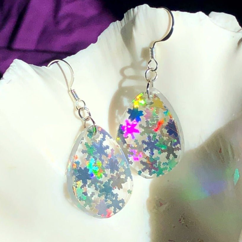Holographic Snowflake Tiny Teardrop Earrings - Driftless Enchantments