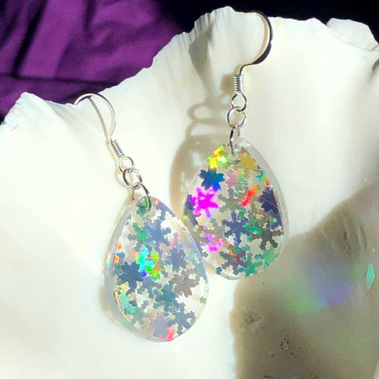 Holographic Snowflake Tiny Teardrop Earrings - Driftless Enchantments
