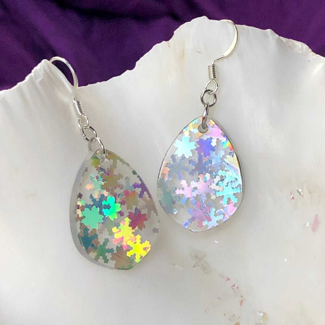Holographic Snowflake Tiny Teardrop Earrings - Driftless Enchantments