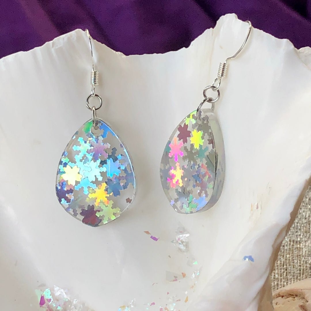 Holographic Snowflake Tiny Teardrop Earrings - Driftless Enchantments